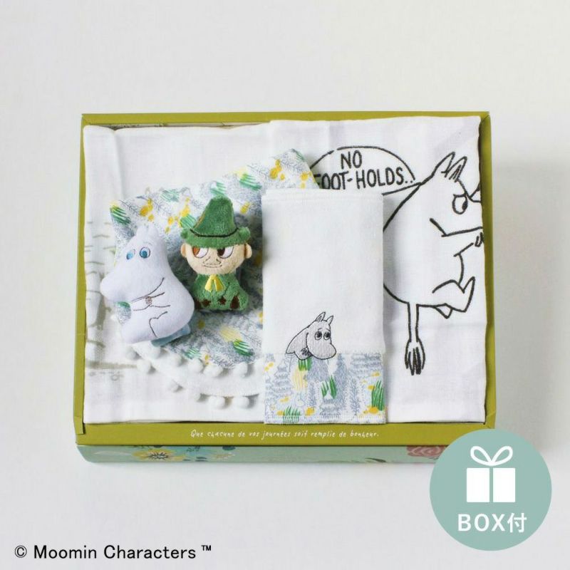 MOOMIN おぼろタオルとママとお揃いスタイ＆ベルトカバーセット（モミ柄/ホワイト）【ギフトボックス入り】