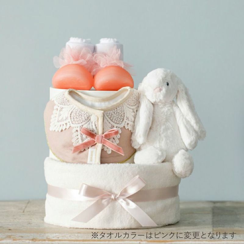 【出産祝い ギフトセット】JellyCat（ジェリーキャット）とマールマール（女の子） 2段おむつケーキ