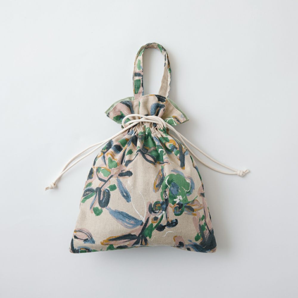 アミングオリジナル】手描きホワイトラインフラワー 巾着（ハンドル